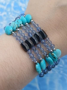 Modern Faux Turquoise & Hemitite Magnetic Wrap Beaded Bracelet - Picture 1 of 8
