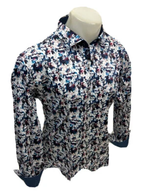 男式 STEELO 彩色海军长袖纽扣正装衬衫丝绸抽象 S709 — 第 1/4 张图片