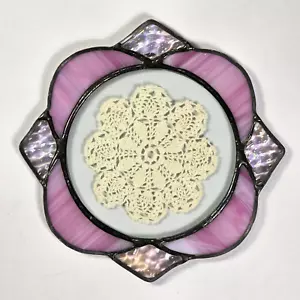 Vintage Stained Glass Encased Crocheted Doily Hanging Window Suncatcher Pink - Picture 1 of 8