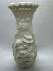 Bride And Groom Wedding Vase Rose Accents 5.25” Matte Bisque White Porcelain - Picture 1 of 10