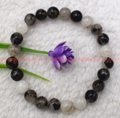 VALENTINO "Braccialetto Stretch Perline Rotonde Naturali 6 8 10mm Quarzo Nero Gemme Rutilate 7 5"