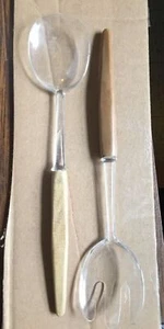 Wood Handle plastic salad servers Vintage spoon fork large - Picture 1 of 7