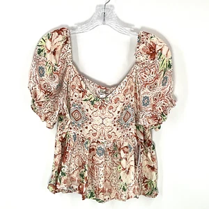O'Neil Top Women L Floral Peplum Puff Short Sleeves Flowy Romantic Boho - Picture 1 of 7