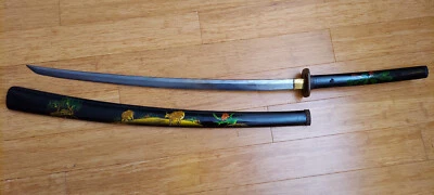 Винтажный самурайский меч с дамасским лезвием - расписанный вручную / украшенный золотой фольгой - Изображение 1 из 4