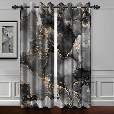 Black Gray Gold Marble Art Fluid Gold Texture Blackout Drapes Grommets 53x84 - Image 1 of 4