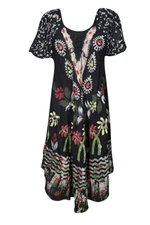 Boho Gypsy Hippie Tank Dress Floral Print Black Rayon Umbrella Flare Sundress