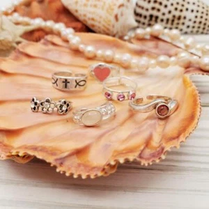 Lot 6 Silver Toe Rings Pink Stones Heart Flowers Christian Beach Sterling Silver - Picture 1 of 12