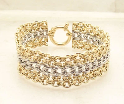 Brazalete Technibond de 8" enchapado en oro amarillo blanco de 14 quilates con bordillo ovalado de 2 tonos plateado Foto 1 de 4