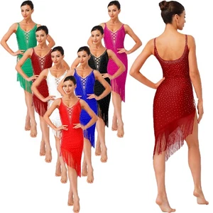 Womens Dress Glitter Dancewear Stage Dresses V-neck Costume Cha-Cha Latin Hem - Picture 1 of 88