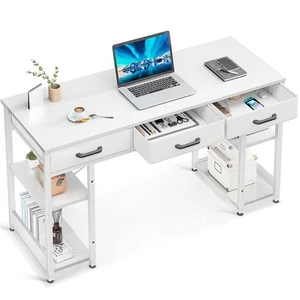 Office Small Computer Desk: Home Table with Fabric Drawers & Storage Shelves,... - Picture 1 of 9