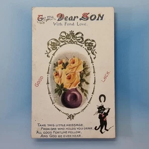 Schwarze Katze Postkarte 1920 Viel Glück Grüße geprägte Rosen - Bild 1 von 2