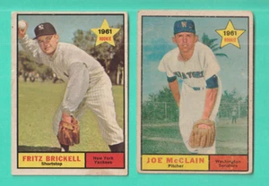 2 TOPPS 1961 ROOKIES #s 333 FRITZ BRICKELL NEW YORK YANKEES, 488 JOE McCLAIN LAVADO - Imagen 1 de 2