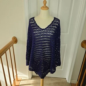 Avenue Navy Blue Poncho Cape V Neck Crochet Plus One Size - Picture 1 of 7