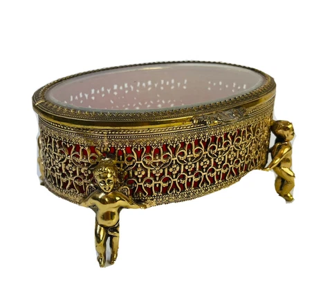 VTG 70s Regency Cherub Angel Ornate Gilt Metal Brass Trinket Jewelry Box Casket Cover