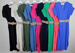 New Summer Ladies Italian V Neck Casual 2 pockets Plain Elegant Dress With Belt - Picture 1 of 1