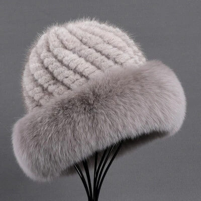 Women's Luxury Genuine Mink Hair Knitted Beanie Hat Fox Brim Winter Warm Cap - Image 1 of 4