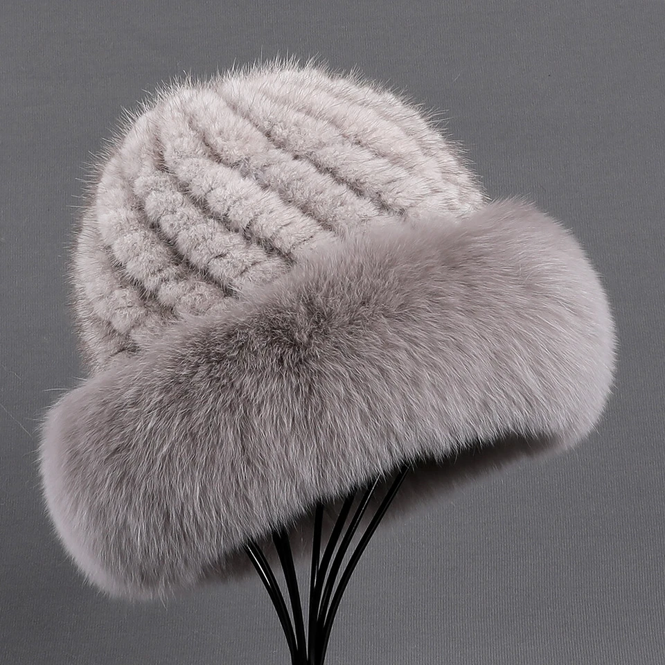 Women's Luxury Genuine Mink Hair Knitted Beanie Hat Fox Brim Winter Warm Cap - Image 1 of 4