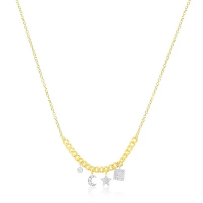 Meira T 14k Yellow Gold Moon and Star Diamond Charms Cuban Chain Necklace - Image 1 of 4
