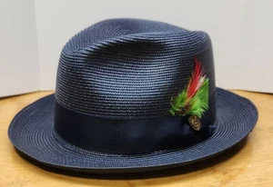 Dobbs Rosebud Strohhut marineblau mit Etikett und Federn Größe 7 1/8 - Bild 1 von 13