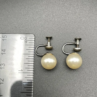 Cultured Pearl Earrings Sterling Silver Screw-Back , 10 mm Pearls, Vintage 1950s - Image 1 of 2