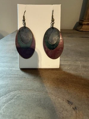 VTG Boho Weathered Brass Patina Purple Dangle Hook Earrings - Image 1 of 3