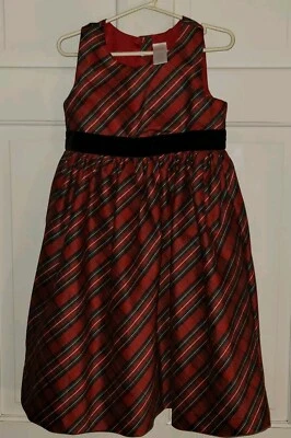 GYMBOREE 红色圣诞格子山东外观黑色天鹅绒蝴蝶结假日连衣裙。 女孩 — 第 1/4 张图片