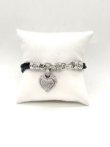 JUDITH RIPKA 925 Sterling & Diamonique Heart charm bracelet w/ braided leather