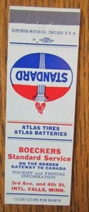 BOECKERS STANDARD GAS STATION MATCHBOOK COVER: INTERNATIONAL FALLS MINNESOTA E22 - Picture 1 of 2