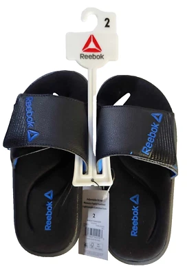 New Reebok Boys Slides- Black & Blue Adjustable Strap Memory Foam Sandals Sz: 2 - Image 1 of 3