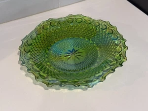 Indiana Carnival Glass Green Iridescent 10” Dish Shallow Bowl Ruffled Edge - Picture 1 of 2