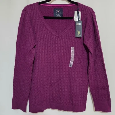 Nuevo con etiquetas Mujeres Talla Grande EE. UU. Polo Assn Cable Tejido Suéter Color Zarza Vino Foto 1 de 4