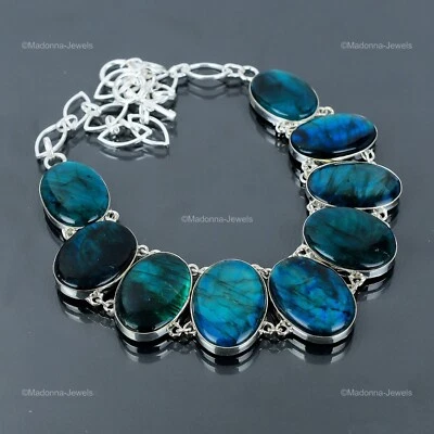 Nuevo collar cadena bisel madre piedra labradorita flash neón plata esterlina 925 Foto 1 de 4
