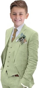 Boys Linen Suit 3 Piece Slim Fit Formal Suit Set Summer Wedding Suit Kids Tuxedo - Picture 1 of 31