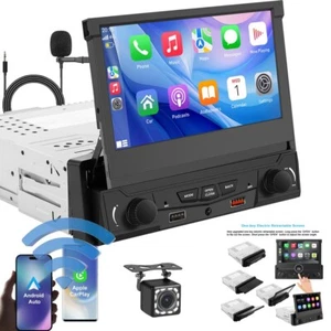 Single Din 7" Flip Out Stereo BT AM Radio Car Apple Carplay Android Auto GPS CAM - Picture 1 of 13