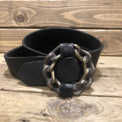 Black Leather Women’s Belt 30” Waist Brass Chain Link Buckle - Image 1 of 4