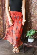 Boho Gypsy Hippy Crinkled Red Skirt Golden Border Printed Summer Long Skirts SM