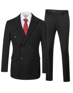 Men's Black Pinstripe Slim Fit Suit 3 Piece Double Breasted Tuxedo Set M - Picture 1 of 9