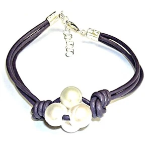 Da Polso Argento di Legge, 4 Perle Coltivate 10mm. E Cuoio Lavanda. Mod Garofano - Picture 1 of 3