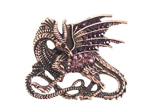 Antiqued Copper Tone Dragon Brooch Pin Pendant with Pink Purple Rhinestones Goth - Picture 1 of 3