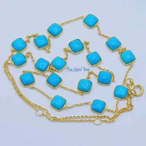 18k Yellow Gold Station Necklace 5.7mm Sleeping Beauty Turquoise Cushion 16-18" - Picture 1 of 9
