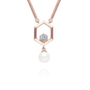 Moderno Perla & Topacio Hexágono Colgante Collar En Oro Rosa Bañado Plata de Ley - Imagen 1 de 1