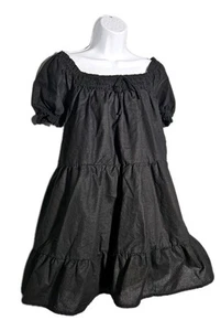 The Impeccable Pig manica a sbuffo vita impero nero lino abbigliamento resort mini taglia L - Foto 1 di 8