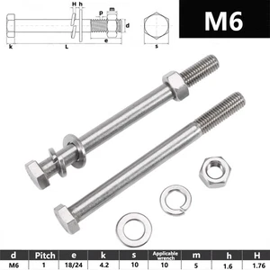 M6 HEXAGON BOLTS PART THREADED HEX SCREW + HEX NUTS + WASHERS A2 STAINLESS STEEL - Picture 1 of 5
