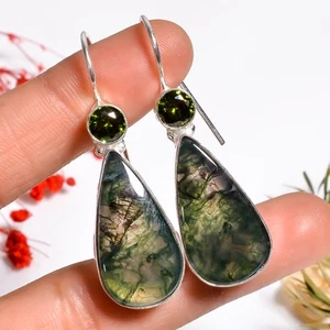 Moss Agate Peridot Gemstone Handmade Jewelry.925 Silver Earrings 1.8" jk_12820 - Picture 1 of 6