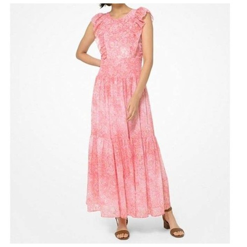 Maxi abito Michael Kors Georgette a strati taglia 00 geranio paisley ruffle cottage