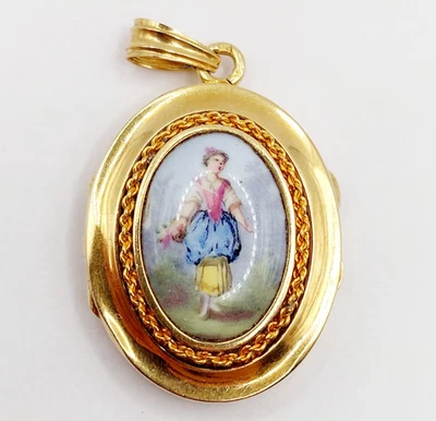 Pendentif porte photo antique or 18k miniature à la demoiselle (circa 1920) - Photo 1/4