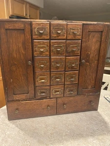 Antique Oak Library Card File, Apothecary Cabinet, Hardware, 17 Drawers 2 Doors - Picture 1 of 8