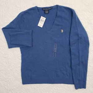 NWT Ralph Lauren Sport Sweater Womens XL Blue Merino Wool Cashmere Blend V Neck - Picture 1 of 11
