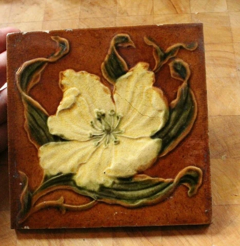 charming antique ENGLISH raised majolica yellow flower DESIGN vintage tile C Cover