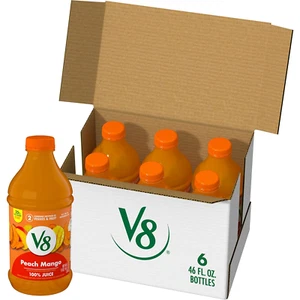 V8 Peach Mango 100% Fruit and Vegetable Juice 46 Fl Oz Bottle 6 Pack - Picture 1 of 8